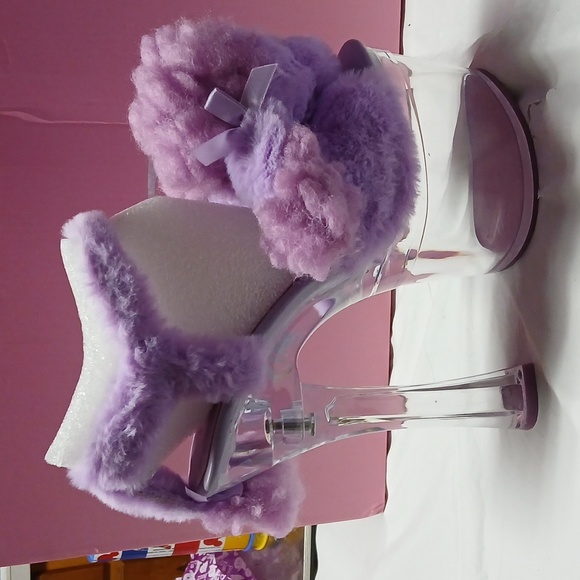 Dolls Kill Sugar Thrillz Purple Fur Plush Poodle Clear Acrylic Platform Heels 8 - Picture 4 of 16